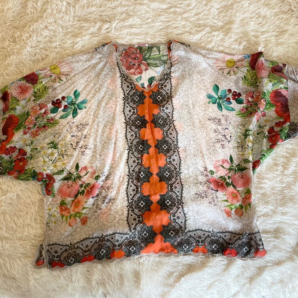 Johnny Was Floral Fruit and Lace inspired Silk Boho Blouse with Tie Sleeves XXL